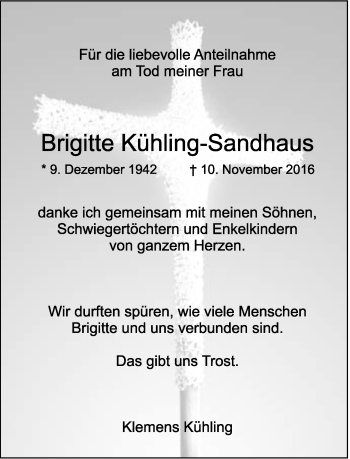Anzeige  Brigitte Kühling-Sandhaus  Lippische Landes-Zeitung