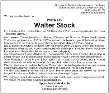 Anzeige  Walter Stock  Lippische Landes-Zeitung