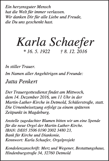 Anzeige  Karla Schaefer  Lippische Landes-Zeitung