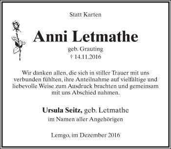 Anzeige  Anni Letmathe  Lippische Landes-Zeitung