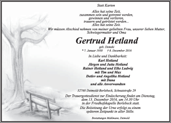 Anzeige  Gertrud Hetland  Lippische Landes-Zeitung