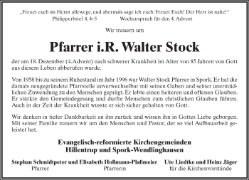 Anzeige  Walter Stock  Lippische Landes-Zeitung