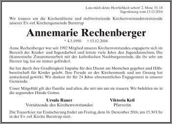 Anzeige  Annemarie Rechenberger  Lippische Landes-Zeitung