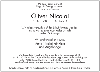 Anzeige  Oliver Nicolai  Lippische Landes-Zeitung