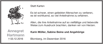 Anzeige  Annegret Hartmann  Lippische Landes-Zeitung