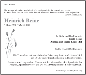 Anzeige  Heinrich Beine  Lippische Landes-Zeitung