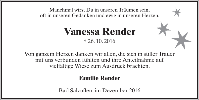  Traueranzeige für Vanessa Render vom 17.12.2016 aus Lippische Landes-Zeitung