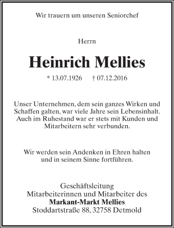 Anzeige  Heinrich Mellies  Lippische Landes-Zeitung