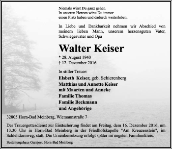 Anzeige  Walter Keiser  Lippische Landes-Zeitung