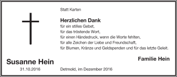 Anzeige  Susanne Hein  Lippische Landes-Zeitung