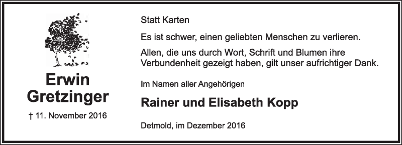  Traueranzeige für Erwin Gretzinger vom 17.12.2016 aus Lippische Landes-Zeitung