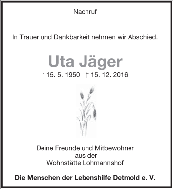 Anzeige  Uta Jäger  Lippische Landes-Zeitung