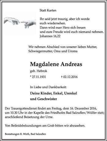 Anzeige  Magdalene Andreas  Lippische Landes-Zeitung
