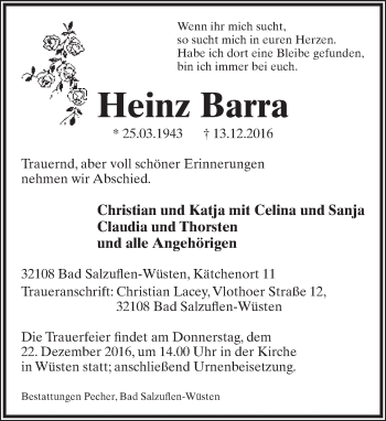 Anzeige  Heinz Barra  Lippische Landes-Zeitung