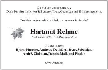 Anzeige  Hartmut Rehme  Lippische Landes-Zeitung
