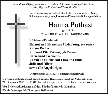 Anzeige  Hanna Pothast  Lippische Landes-Zeitung