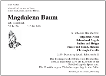 Anzeige  Magdalena Baum  Lippische Landes-Zeitung