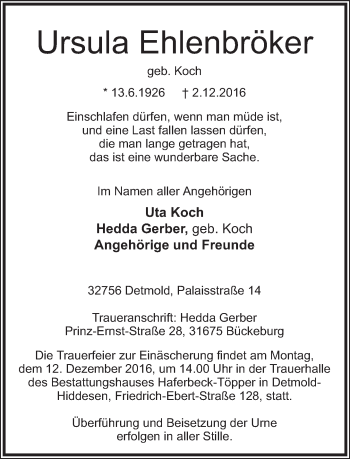 Anzeige  Ursula Ehlenbröker  Lippische Landes-Zeitung