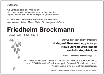Anzeige  Friedhelm Brockmann  Lippische Landes-Zeitung