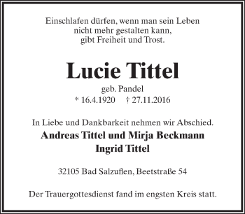 Anzeige  Lucie Tittel  Lippische Landes-Zeitung