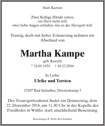 Anzeige  Martha Kampe  Lippische Landes-Zeitung