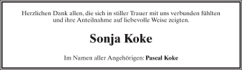 Anzeige  Sonja Koke  Lippische Landes-Zeitung