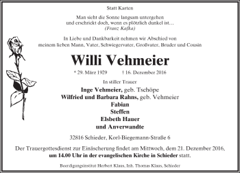Anzeige  Willi Vehmeier  Lippische Landes-Zeitung