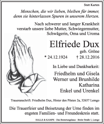 Anzeige  Elfriede Dux  Lippische Landes-Zeitung