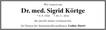 Anzeige  Sigrid Körtge  Lippische Landes-Zeitung