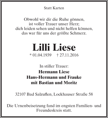 Anzeige  Lilli Liese  Lippische Landes-Zeitung