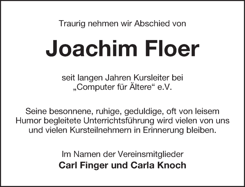  Traueranzeige für Joachim Floer vom 02.12.2016 aus Lippische Landes-Zeitung