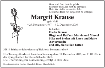 Anzeige  Margrit Krause  Lippische Landes-Zeitung
