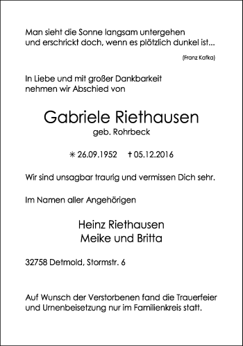Anzeige  Gabriele Riethausen  Lippische Landes-Zeitung