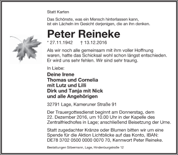 Anzeige  Peter Reineke  Lippische Landes-Zeitung