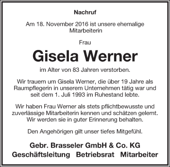 Anzeige  Gisela Werner  Lippische Landes-Zeitung