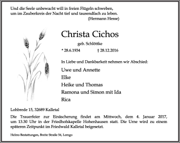 Anzeige  Christa Cichos  Lippische Landes-Zeitung