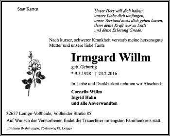 Anzeige  Irmgard Willm  Lippische Landes-Zeitung