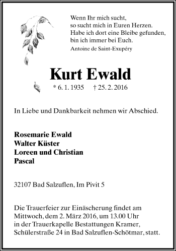 Anzeige  Kurt Ewald  Lippische Landes-Zeitung