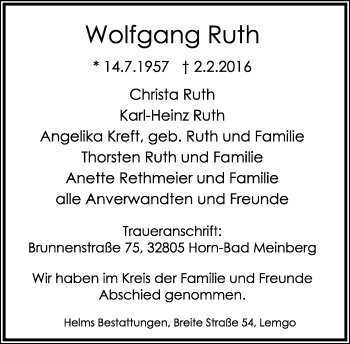 Anzeige  Wolfgang Ruth  Lippische Landes-Zeitung