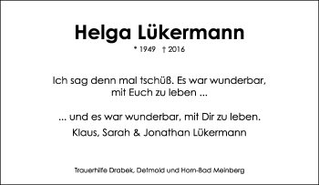 Anzeige  Helga Lükermann  Lippische Landes-Zeitung