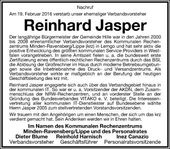 Anzeige  Reinhard Jasper  Lippische Landes-Zeitung
