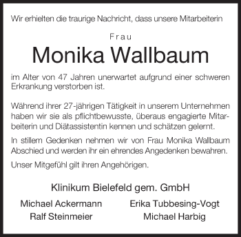 Anzeige  Monika Wallbaum  Lippische Landes-Zeitung