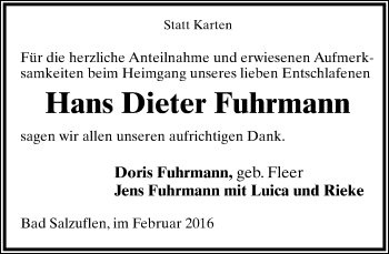 Anzeige  Hans Dieter Fuhrmann  Lippische Landes-Zeitung