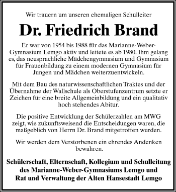Anzeige  Friedrich Brand  Lippische Landes-Zeitung