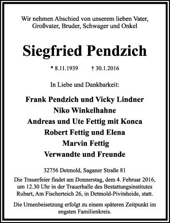 Anzeige  Siegfried Pendzich  Lippische Landes-Zeitung