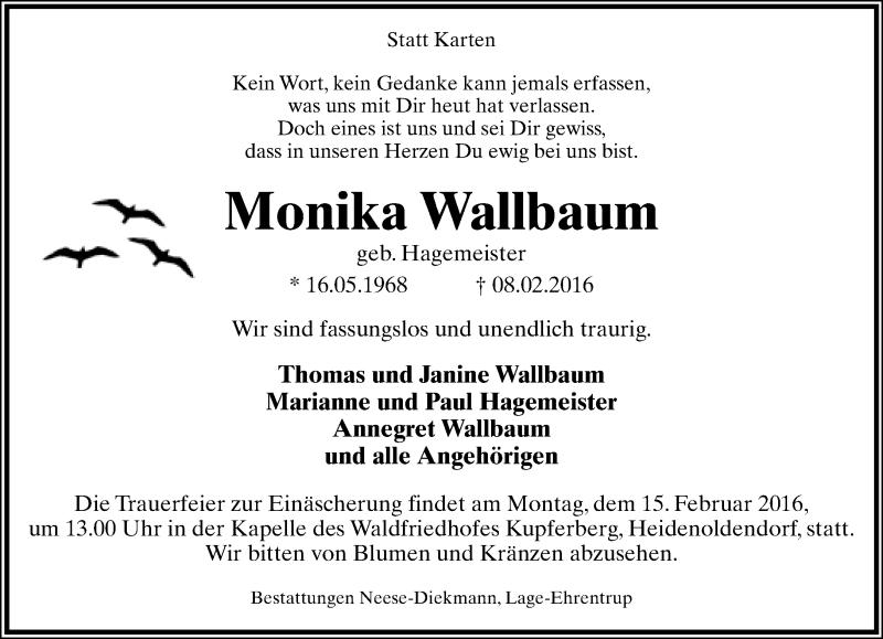  Traueranzeige für Monika Wallbaum vom 13.02.2016 aus Lippische Landes-Zeitung