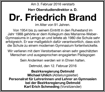 Anzeige  Friedrich Brand  Lippische Landes-Zeitung