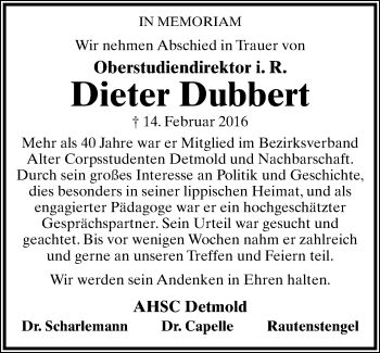 Anzeige  Dieter Dubbert  Lippische Landes-Zeitung