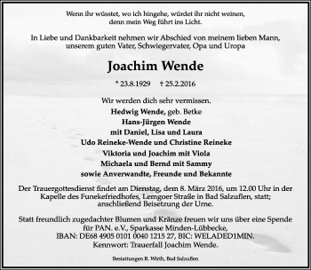 Anzeige  Joachim Wende  Lippische Landes-Zeitung