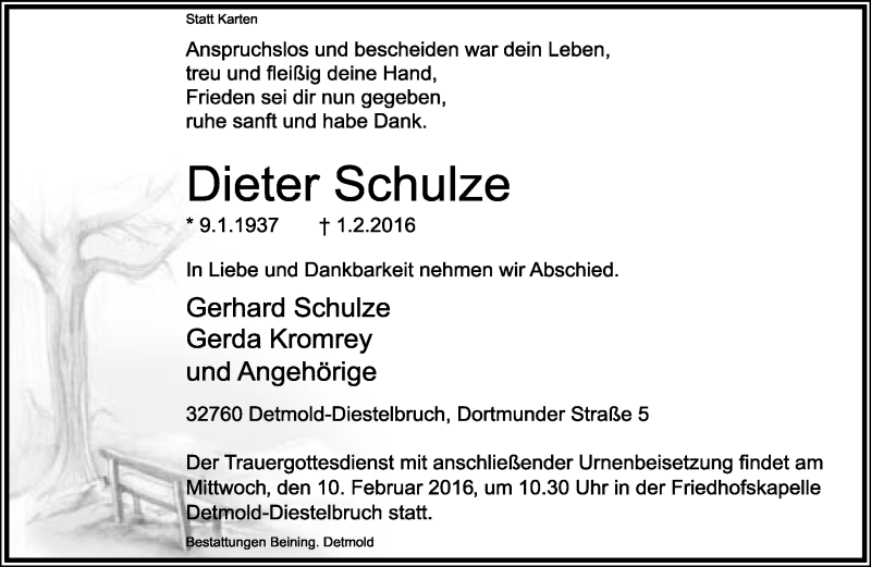  Traueranzeige für Dieter Schulze vom 06.02.2016 aus Lippische Landes-Zeitung